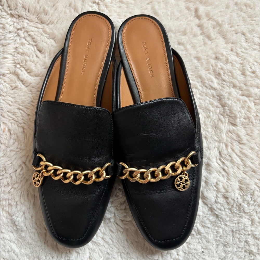 Tory Burch Black Leather Mules with Gold Chain